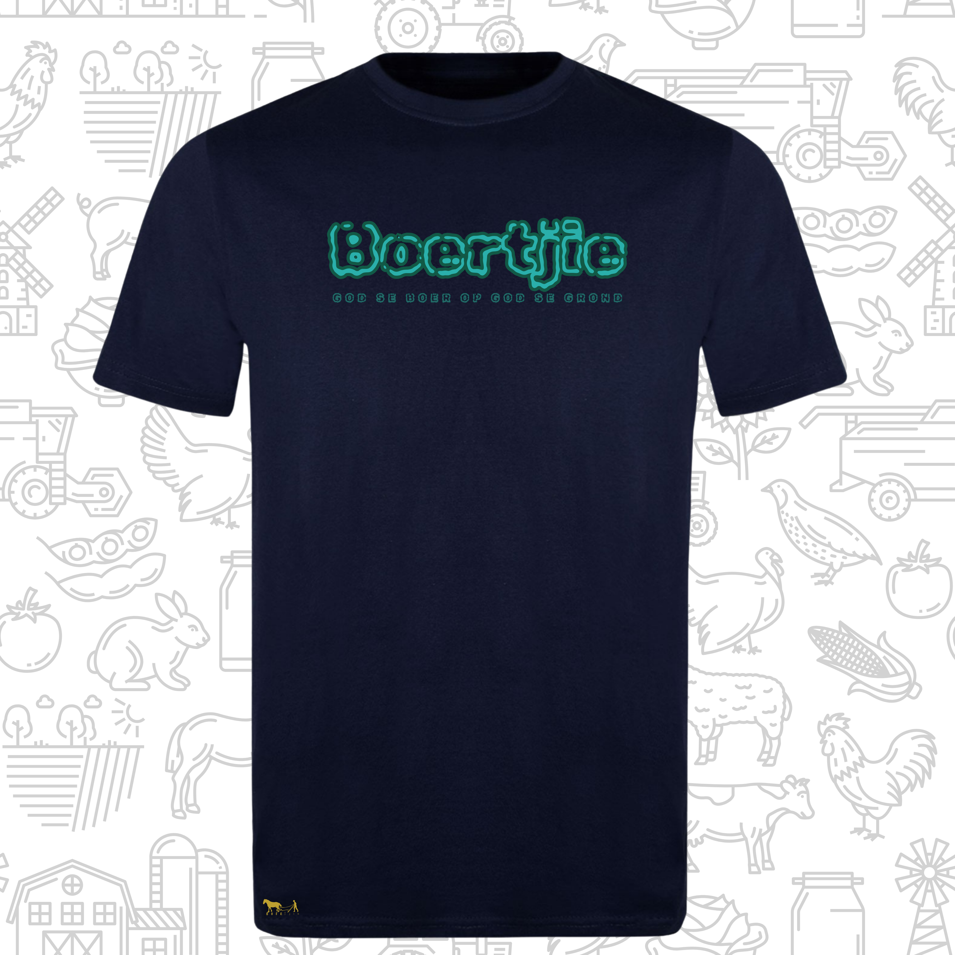 Navy blue t-shirt with green 'Boertjie' text on a white background with line drawings.